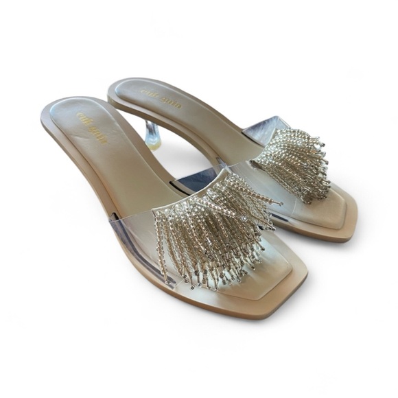Cult Gaia Uma Pearl Fringe Slide Sandal SZ 37 - Clear PVC Heel - Picture 1 of 13